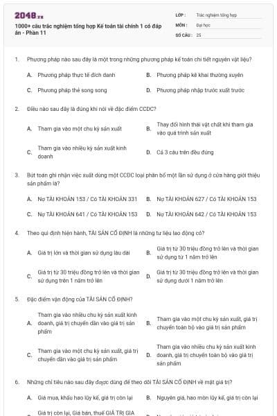 1000+ câu trắc nghiệm tổng hợp Kế toán tài chính 1 có đáp án - Phần 11
