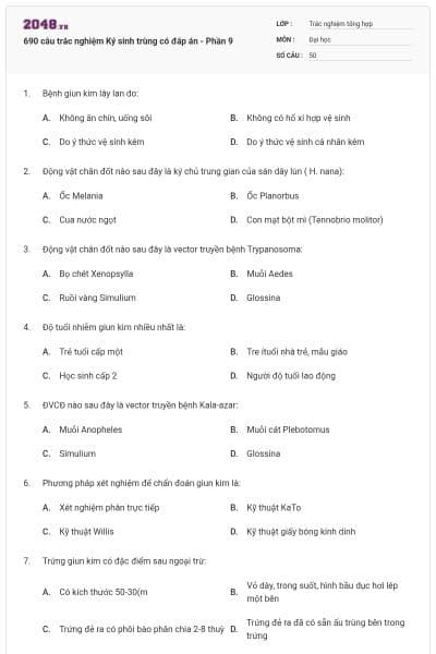 690 câu trắc nghiệm Ký sinh trùng có đáp án - Phần 9