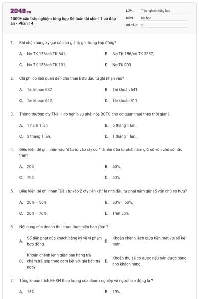 1000+ câu trắc nghiệm tổng hợp Kế toán tài chính 1 có đáp án - Phần 14