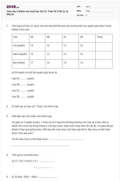 Toán lớp 3 (Dành cho buổi học thứ 2): Tuần 35 (Tiết 2) có đáp án