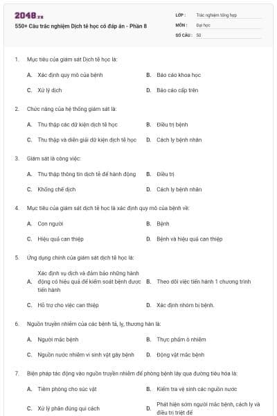 550+ Câu trắc nghiệm Dịch tễ học có đáp án - Phần 8