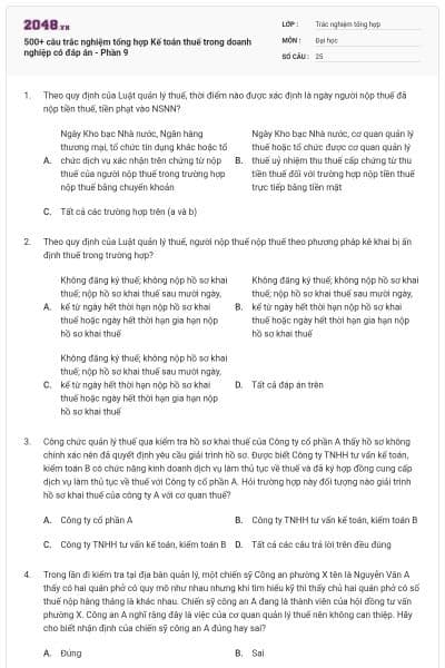 500+ câu trắc nghiệm tổng hợp Kế toán thuế trong doanh nghiệp có đáp án - Phần 9