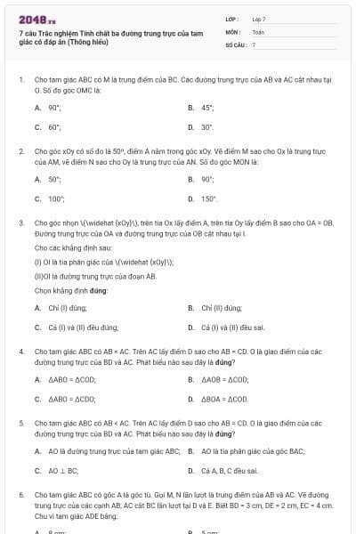 7 câu Trắc nghiệm Tính chất ba đường trung trực của tam giác có đáp án (Thông hiểu)
