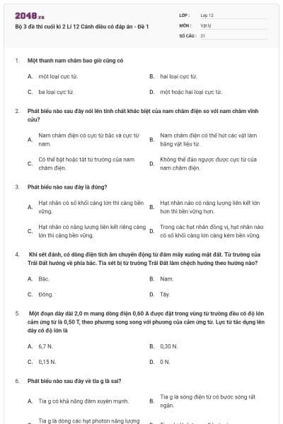Bộ 3 đề thi cuối kì 2 Lí 12 Cánh diều có đáp án - Đề 1