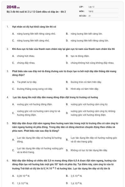 Bộ 3 đề thi cuối kì 2 Lí 12 Cánh diều có đáp án - Đề 2