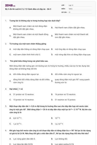 Bộ 3 đề thi cuối kì 2 Lí 12 Cánh diều có đáp án - Đề 3