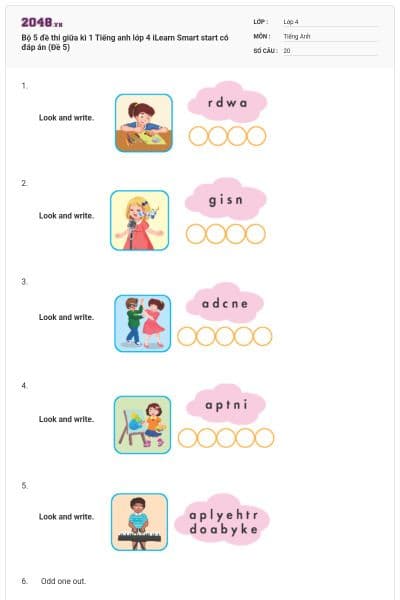 Bộ 5 đề thi giữa kì 1 Tiếng anh lớp 4 iLearn Smart start có đáp án (Đề 5)