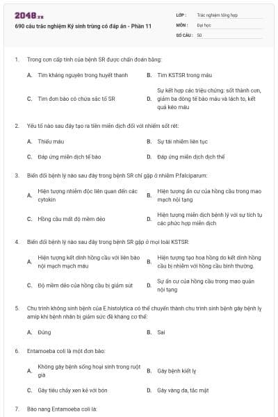 690 câu trắc nghiệm Ký sinh trùng có đáp án - Phần 11