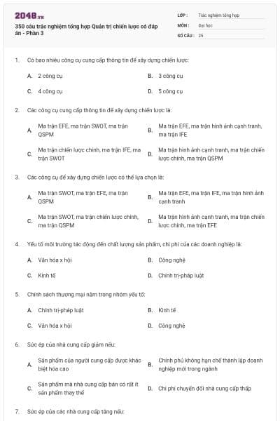 350 câu trắc nghiệm tổng hợp Quản trị chiến lược có đáp án - Phần 3