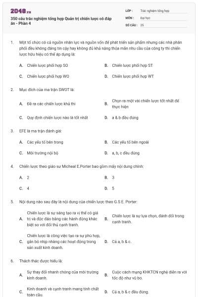 350 câu trắc nghiệm tổng hợp Quản trị chiến lược có đáp án - Phần 4