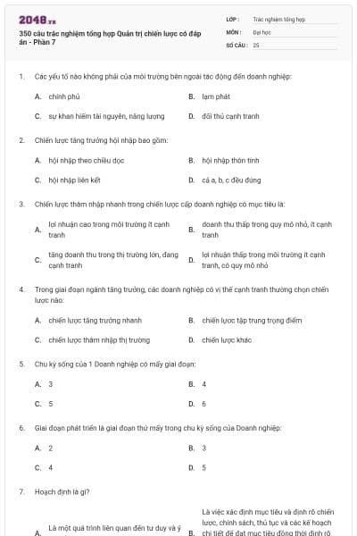 350 câu trắc nghiệm tổng hợp Quản trị chiến lược có đáp án - Phần 7