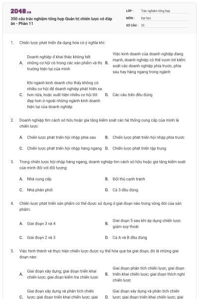 350 câu trắc nghiệm tổng hợp Quản trị chiến lược có đáp án - Phần 11