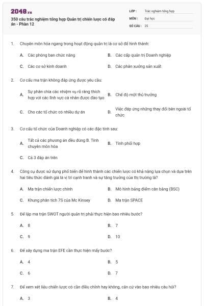 350 câu trắc nghiệm tổng hợp Quản trị chiến lược có đáp án - Phần 12
