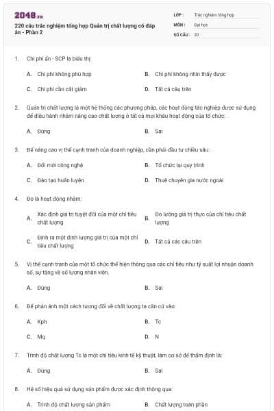 220 câu trắc nghiệm tổng hợp Quản trị chất lượng có đáp án - Phần 2