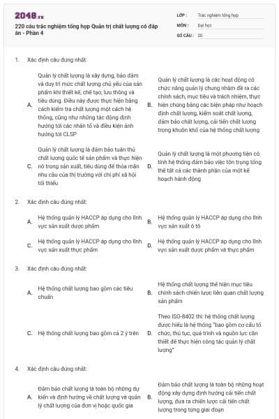220 câu trắc nghiệm tổng hợp Quản trị chất lượng có đáp án - Phần 4