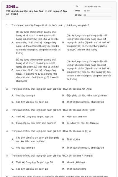 220 câu trắc nghiệm tổng hợp Quản trị chất lượng có đáp án - Phần 6