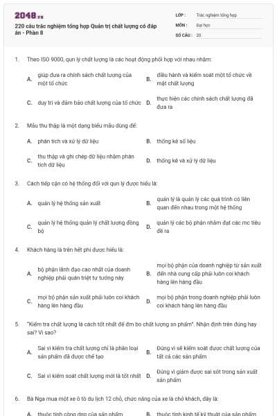 220 câu trắc nghiệm tổng hợp Quản trị chất lượng có đáp án - Phần 8