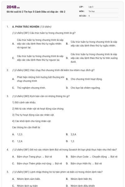 Đề thi cuối kì 2 Tin học 5 Cánh Diều có đáp án - Đề 2