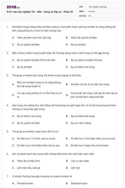 810+ câu trắc nghiệm Tai - Mũi - Họng có đáp án - Phần 20