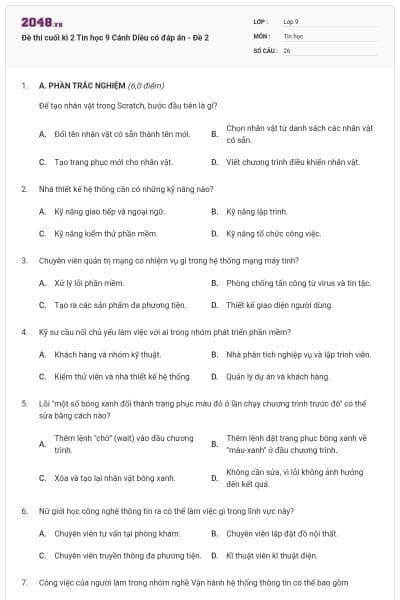 Đề thi cuối kì 2 Tin học 9 Cánh Diều có đáp án - Đề 2