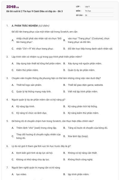 Đề thi cuối kì 2 Tin học 9 Cánh Diều có đáp án - Đề 3