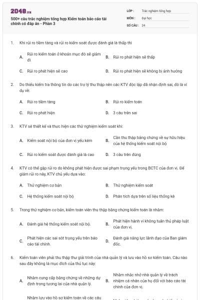 500+ câu trắc nghiệm tổng hợp Kiểm toán báo cáo tài chính có đáp án - Phần 3