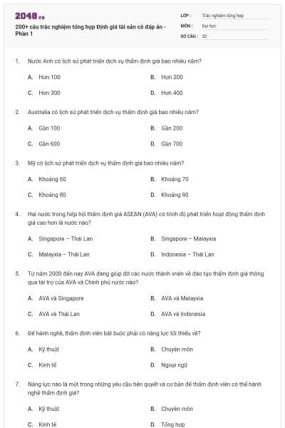 200+ câu trắc nghiệm tổng hợp Định giá tài sản có đáp án - Phần 1