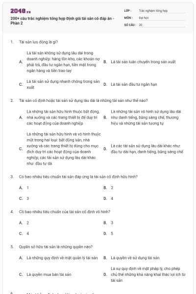 200+ câu trắc nghiệm tổng hợp Định giá tài sản có đáp án - Phần 2