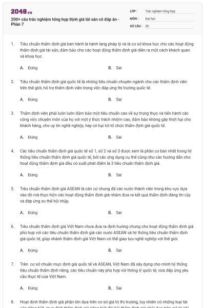 200+ câu trắc nghiệm tổng hợp Định giá tài sản có đáp án - Phần 7