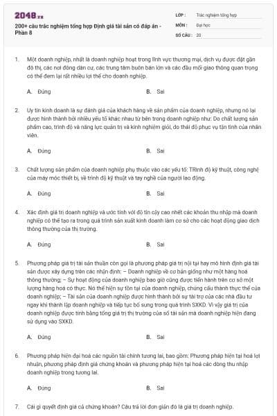 200+ câu trắc nghiệm tổng hợp Định giá tài sản có đáp án - Phần 8