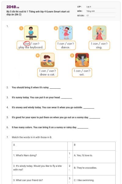 Bộ 5 đề thi cuối kì 1 Tiếng anh lớp 4 iLearn Smart start có đáp án (Đề 2)