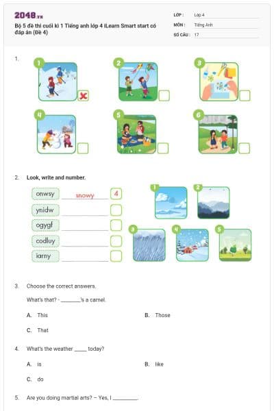 Bộ 5 đề thi cuối kì 1 Tiếng anh lớp 4 iLearn Smart start có đáp án (Đề 4)