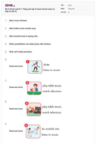 Bộ 5 đề thi cuối kì 1 Tiếng anh lớp 4 iLearn Smart start có đáp án (Đề 5)