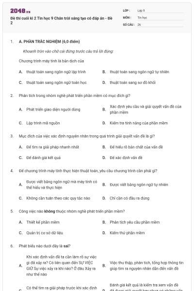 Đề thi cuối kì 2 Tin học 9 Chân trời sáng tạo có đáp án - Đề 2