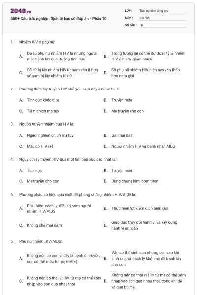 550+ Câu trắc nghiệm Dịch tễ học có đáp án - Phần 10