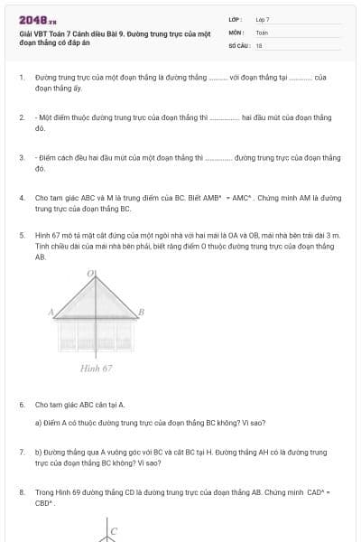 Giải VBT Toán 7 Cánh diều Bài 9. Đường trung trực của một đoạn thẳng có đáp án