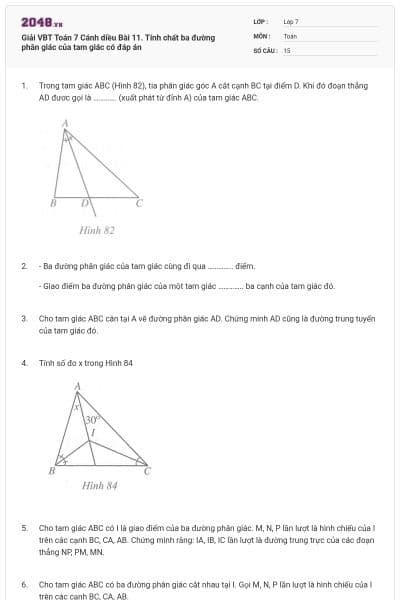Giải VBT Toán 7 Cánh diều Bài 11. Tính chất ba đường phân giác của tam giác có đáp án