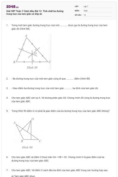 Giải VBT Toán 7 Cánh diều Bài 12. Tính chất ba đường trung trực của tam giác có đáp án