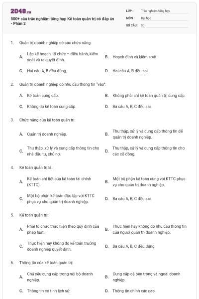 500+ câu trắc nghiệm tổng hợp Kế toán quản trị có đáp án - Phần 2