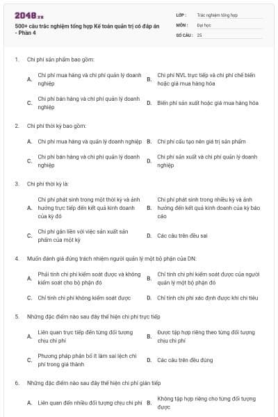 500+ câu trắc nghiệm tổng hợp Kế toán quản trị có đáp án - Phần 4