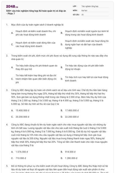 500+ câu trắc nghiệm tổng hợp Kế toán quản trị có đáp án - Phần 7
