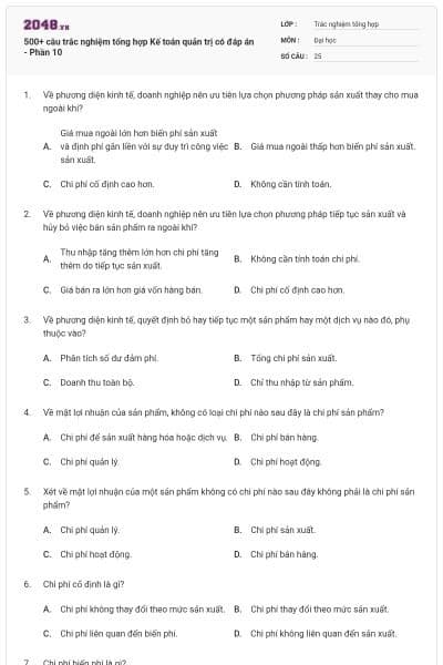 500+ câu trắc nghiệm tổng hợp Kế toán quản trị có đáp án - Phần 10