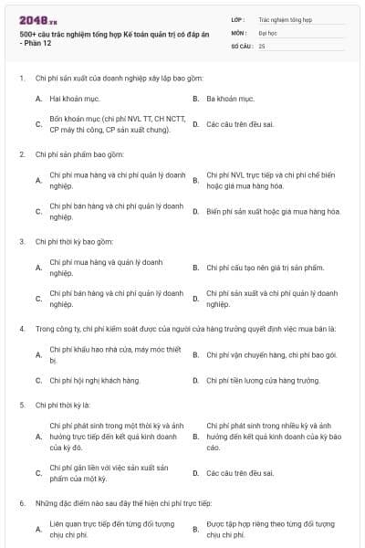 500+ câu trắc nghiệm tổng hợp Kế toán quản trị có đáp án - Phần 12