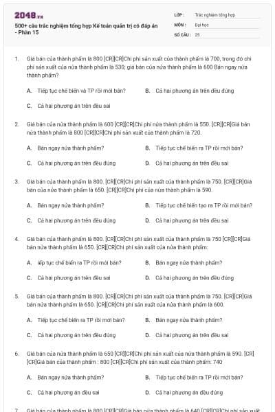 500+ câu trắc nghiệm tổng hợp Kế toán quản trị có đáp án - Phần 15