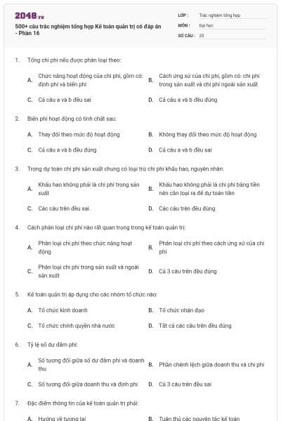 500+ câu trắc nghiệm tổng hợp Kế toán quản trị có đáp án - Phần 16