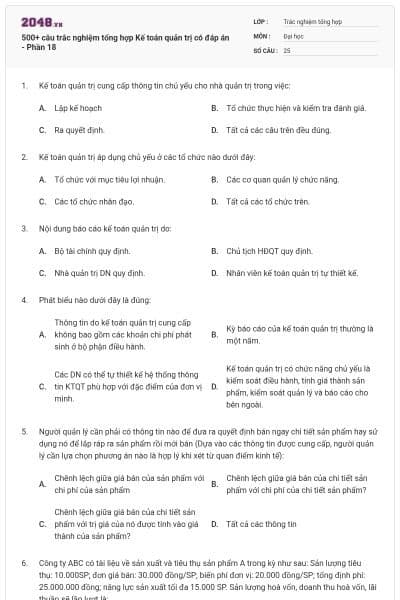 500+ câu trắc nghiệm tổng hợp Kế toán quản trị có đáp án - Phần 18