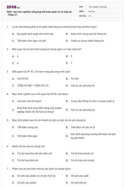 500+ câu trắc nghiệm tổng hợp Kế toán quản trị có đáp án - Phần 21