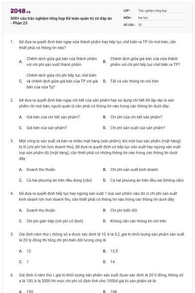 500+ câu trắc nghiệm tổng hợp Kế toán quản trị có đáp án - Phần 23