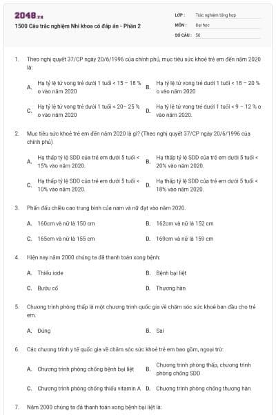 1500 Câu trắc nghiệm Nhi khoa có đáp án - Phần 2