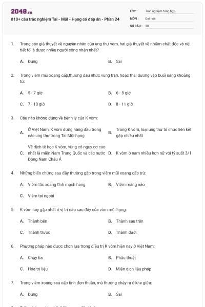 810+ câu trắc nghiệm Tai - Mũi - Họng có đáp án - Phần 24